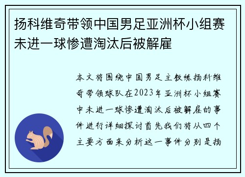 扬科维奇带领中国男足亚洲杯小组赛未进一球惨遭淘汰后被解雇
